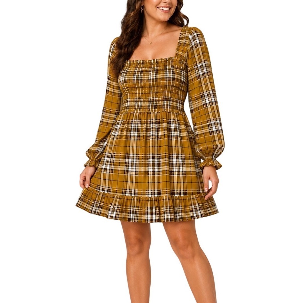 Inspired Hearts Plaid Mini Dress Women 2X Mustard Yellow Excellent Smocked Boho